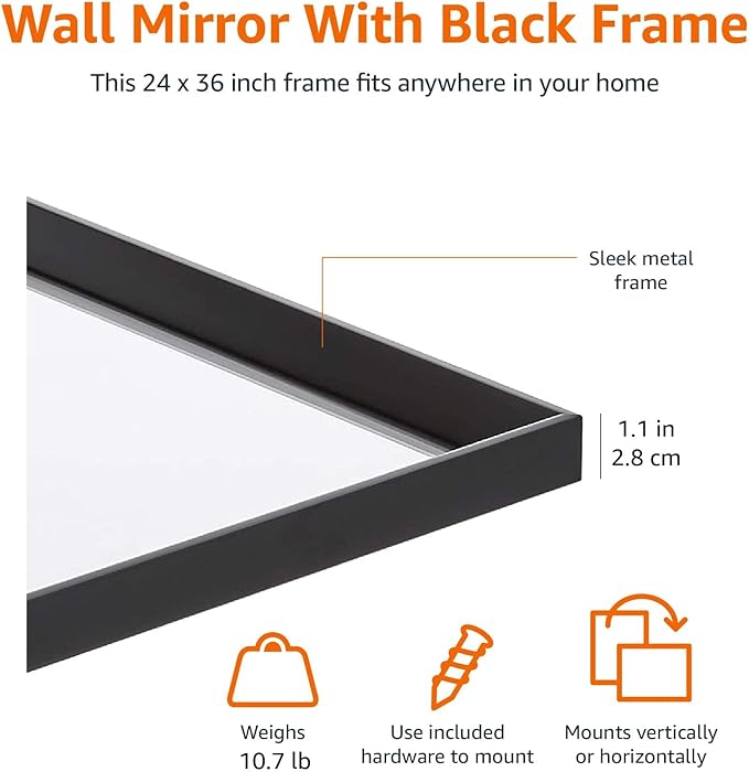 Amazon Basics Rectangular Wall Mount Mirror for Bedroom, Bathroom, Living Room, Entryway, 24" x 36", Peaked Trim, Black, Hangs Horizontally or Vertically