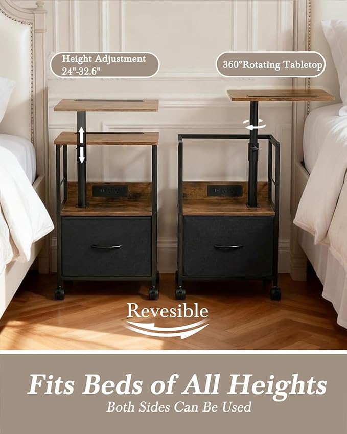 360° Swivel Nightstand with Height Adjustable, Lift Top Bedside Table with Charging Station, Rolling Night Stand with Fabric Drawer, End Table with Wheels, for Bedroom, Living Room, Brown Black