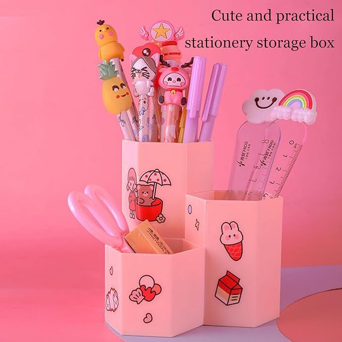 Desk Pencil Pen Holder, 3 Slots Desk Organizer, Office Supplies Accessory, Cute Desktop Storage Box for Home School Office Art Supply, Pencil Cup, Desktop Stationary Organizer (Pink)