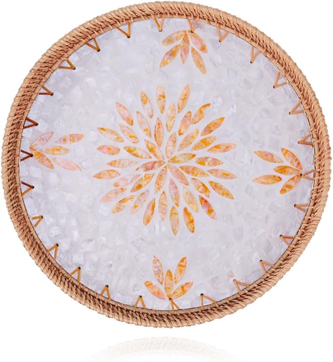 Shellac Rattan Tray with Mother of Pearl Inlay, Round Decorative Serving Tray for Home Décor Coffee Table Storage and Display, 100% Natural Materials - Orange 13.5"