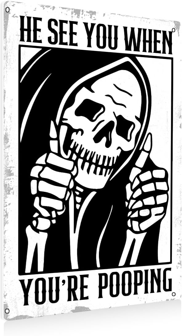 Funny Gothic Bathroom Home Decor Metal Tin Sign: Funny "He Sees You When You Are Pooping?" Bathroom Wall Art Decor for Skull Lovers 8 X 12 Inch