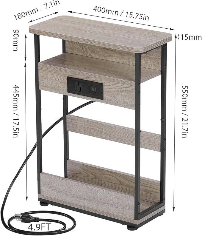 Narrow Side Table with Charging Station, 3-Tier End Table with 2 USB Ports & Power Outlets,Thin Sofa Side Table for Narrow and Small Spaces, Bedside Table Nightstand for Living Room,Oak
