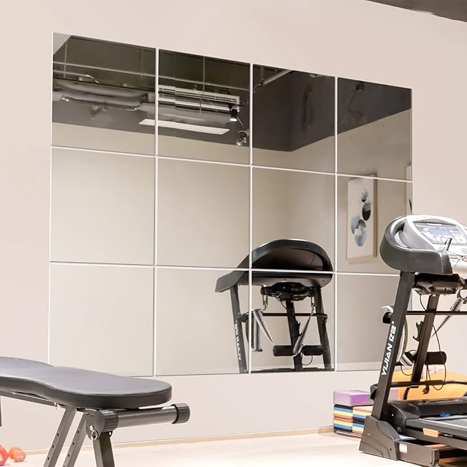 Murrey Home Wall Mirror for Home Gym Mirror, Full Length Mirrors Wall Mounted, Frameless Full Body Mirror Tiles for Wall, Door, Garage, 12" x12PCS