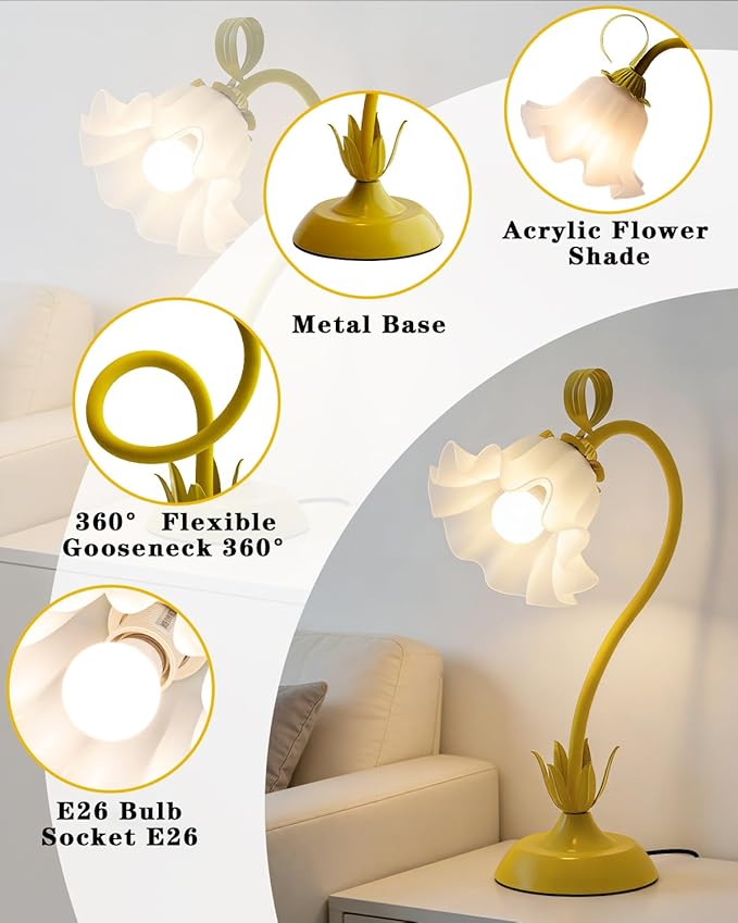 Flower Table Lamp, LED Reading Light Vintage Bedside Table Lamp with 3 Color Modes for Nightstand, Kawaii Decoration for Home Bedroom Living Room (Yellow)