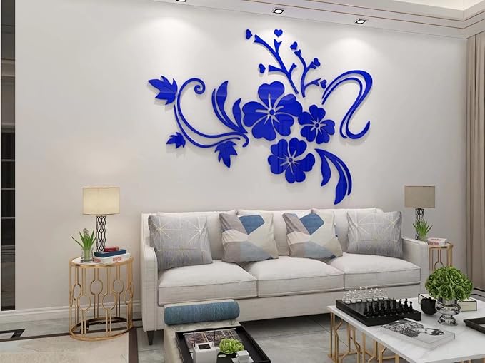 Wall Stickers 3D Flower Mirror - Family Decal Living Room Wall Decor Sticker Home Decorations Room Decor for Office Sofa Bedroom Decals (Deep Blue XXL:84 * 112in)