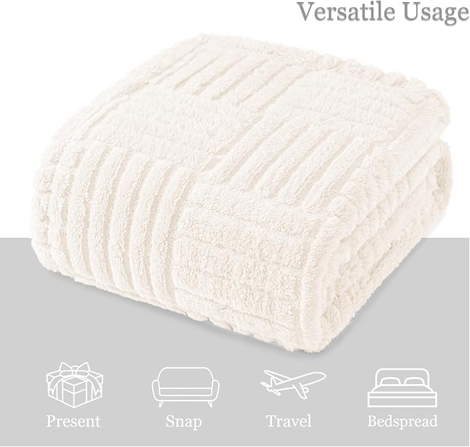 Whale Flotilla Lightweight Fleece Twin Size Blanket for Bed, Fuzzy Soft Blankets with Decorative Jacquard Pattern for All Season, Warm and Fluffy, 60x80 Inch, Ivory