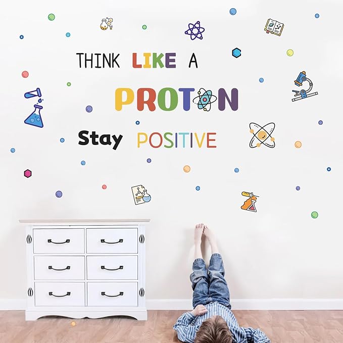 HLNIUC Large School Wall Decal(35”x12”),Colorful Chemistry Classroom Stickers,Chemical Proton Laboratory Wall Decor,Inspirational Quotes Room Sticker,Stay Positive Science Art Decal for Kids Room Lab