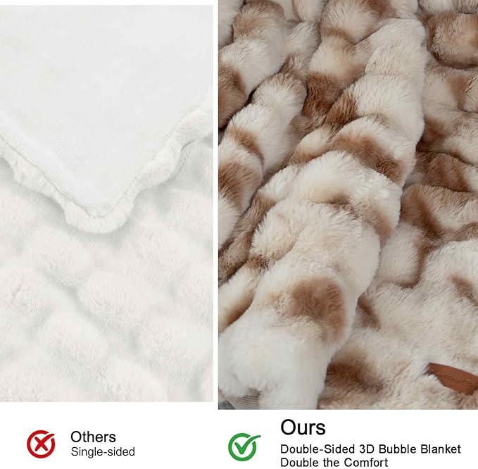 Luxury Double-Sided Faux Fur Throw Blanket for Couch, Camel Cozy Fluffy Bubble Blanket for Airplane RV Car Road Trip Spring Camping Travel Office Nap Home Bed, Machine Washable, 50" x 60"