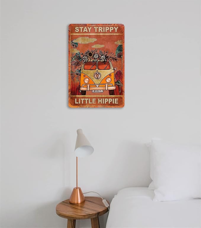 Fmcmly Stay Trippy Little Hippie Vintage Metal Tin Signs Boho Art Posters Home Kitchen Garden Bedroom Office Cafes Bar Club Wall Decor 8x12 Inch