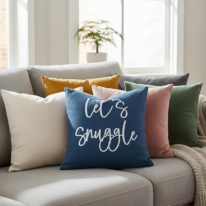 Sunkifover Let's Snuggle DecorativeThrow Pillow Cover - 18" x 18" Blue and White Cotton Embroidery Square Throw Pillowcase for Bed, Bedroom, Living Room, Home Decor