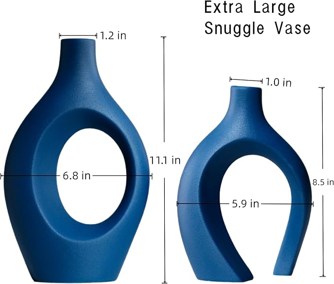 Liotww Snuggle Hollow Ceramic Vase Set of 2, 11 inch Hug Donut Modern Nordic Boho Style Vases for Home Decor Anthropologie Aesthetic Living Room Shelf Entryway Table Decorative (Navy Blue)