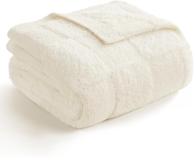 Snuggle Sac Checkered Throw Blanket Faux Fur Microfiber Blankets for Couch,Cozy Soft Warm Blanket for Sofa Bedroom Living Room,Solid Ivory,60x80 inches