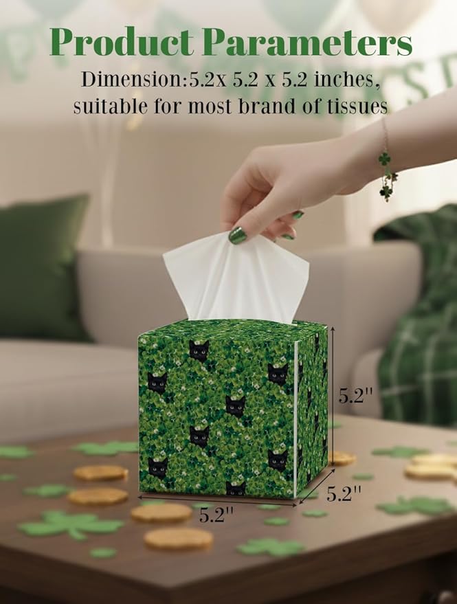 St.Patrick's Day Napkin Tissue Box Cover, Clover Black Cat Waterproof Leather Paper Organizer Dispenser for Table Dining, Bathroom, Nightstand Vanity, Car, Housewarming Gift Ideas, I