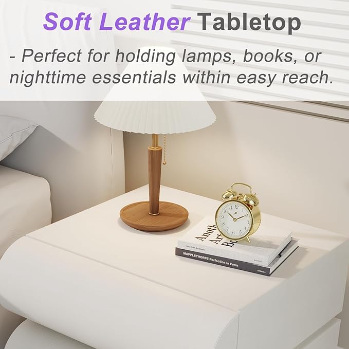 Modern Nightstand with Storage, Small Night Stand with Microfiber Leather Finish, 3 Solid Wood Drawers for Bedroom Bedside Couch