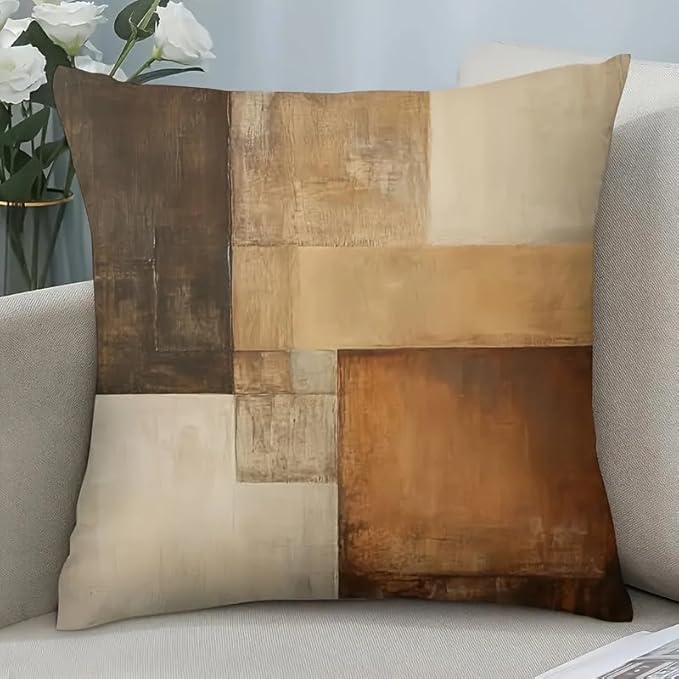 Decorative Throw Pillow Covers, Modern Abstract Brown Geometric Pattern, Set of 2，18x18 Pillows Linen Pillowcase，Modern Decorative Square Pillowcases for Sofa Couch Bedroom Living Room Car