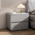 Modern Bedside Table, Solid Wood, Cream Leather Top, Luxury Night Stand with 2 Drawers (Light Gray, Left)