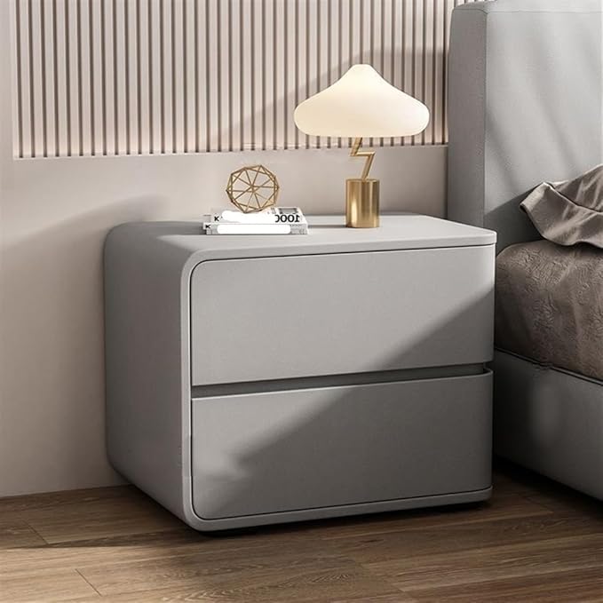Modern Bedside Table, Solid Wood, Cream Leather Top, Luxury Night Stand with 2 Drawers (Light Gray, Left)