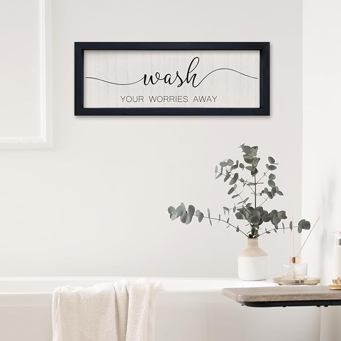 comurdyo Funny Laundry Room Plaque Wash Your Worries Away Bathroom Sign Wall Decor Inspirational Quote 16×6 Inch for above the Bathtub Restroom Small Wooden Framed Wall Hanging Art (Black)