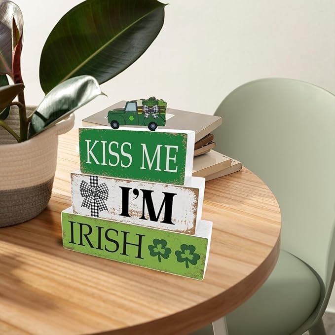 4 Pcs Valentine's Day Decorations Reversible St. Patrick's Day Table Sign Centerpiece Wooden Truck Desk Decor Double Side Irish Tiered Tray Decor for Table Shelf Mantel Farmhouse Home Decor