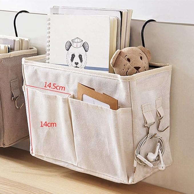 Bedside Caddy,Hanging Basket Bedside Organizer Storage for College Bunk Dorm Rooms Hospital Beds Rails,White Canvas Sturdy Iron Frame with Side Mesh Pocket for Glasses Books Phones Keys Cable