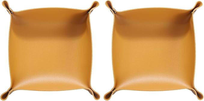 HARFINGTON 2pcs PU Leather Valet Tray Unisex Folding Small Catchall Tray Portable Entryway Table Tray Nightstand Bedside Desk Tray for Key Wallet Watch Coin Jewelry Dice, Yellow