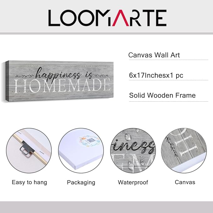 Happiness is Homemade Sign Decor Family Decorative Signs Wall Art Inspirational Motto Canvas Prints Retro Quote & Saying Artwork for Bedroom, Living Room, Kitchen, Hallway, Home Decoration 6 x 17 inch