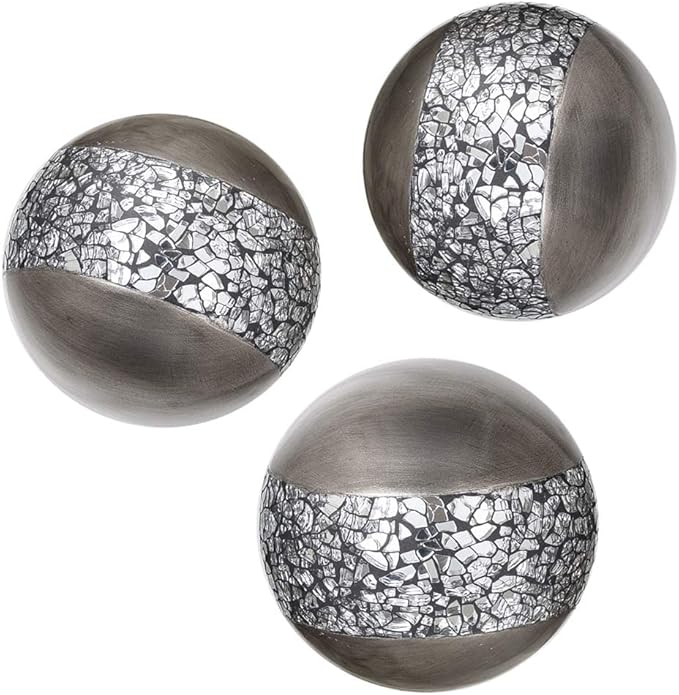 Creative Scents Schonwerk Silver Decorative Centerpiece Bowl with 6 Matching Orbs- Coffee Table Decor with Resin Sphere Balls for Living Room Dining Room Table - Decorations for Home Decor