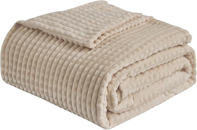 EMME Fleece Blanket Queen Size Luxury Flannel for Couch Bed Sofa Chair, Soft, Plush, Warm and Cozy Blanket with 3D Geometric Grid Design (Beige, 80'' x 90'')