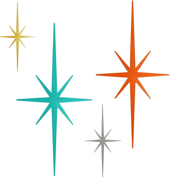 sxnzequnze 4 Pack Metal Star Wall Art 8 Pointed Starburst Wall Decor Set with 2 Large & 2 Small Pieces Mid Century Celestial Metal Wall Sculpture for Bedroom Living Room Office Gallery Wall