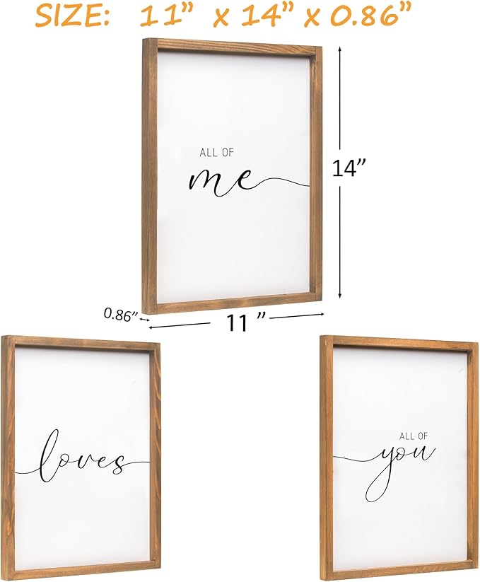 Set of 3 Framed Farmhouse All of Me Loves All of You Sign 11x14” Above Bed Wall Decor for Bedroom Decor Wall Art Wood Signs (11x14, Brown)