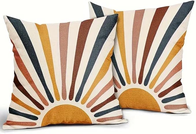 Boho Sunburst Decorative Throw Pillow Cover, Modern Abstract Design with Multicolor Rays in Navy, Mustard, and Terracotta, 2 Pack，18x18 Pillows Linen Pillowcase