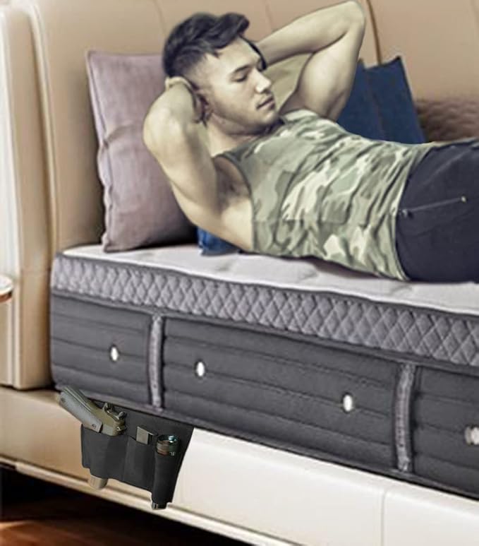 Bedside Pistol Holster, Tactical Bed Side Gun Holster, Under Mattress Handgun Holster with Flashlight Loop Holder