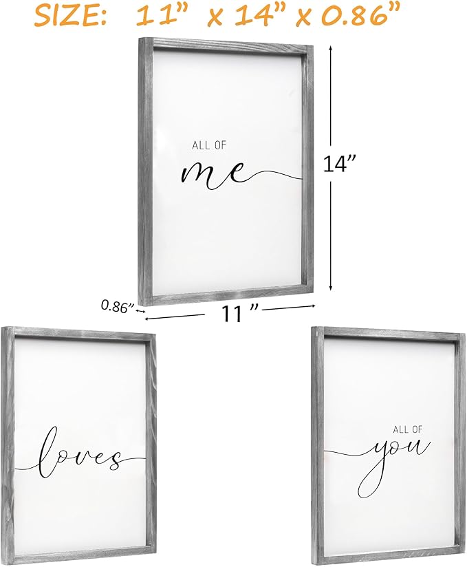 Set of 3 Framed Farmhouse All of Me Loves All of You Sign 11x14” Above Bed Wall Decor for Bedroom Decor Wall Art Wood Signs (11x14, Gray)