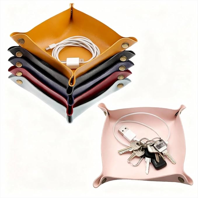 6 Pcs PU Leather Jewelry Valet Tray for Women and Men, Portable Entryway Table and Bedside Nightstand Desk Catchall Travel Dish Plate for Key,Wallet, Watch,Coin,Sun Glasses,USB Cables etc.