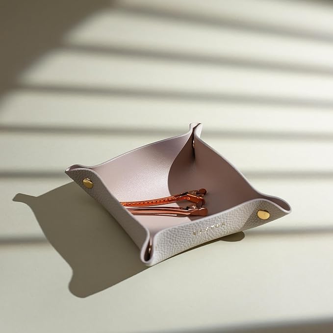 OLETHA Small Foldable Valet Tray, Travel Essentials for Women, Portable Catchall Organizer for Jewelry & Keys, for Hotel Nightstands, Home Office & Desk, Aesthetic Faux Leather, Light Taupe