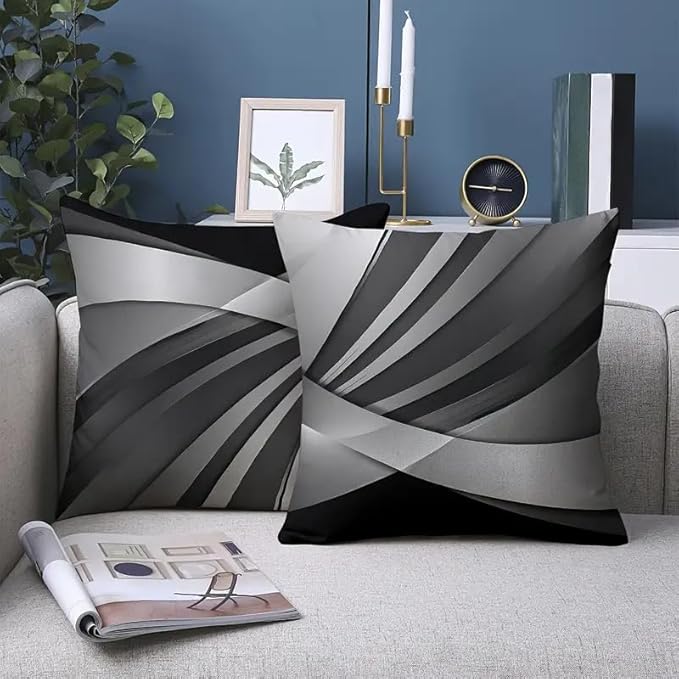 2pcs Modern Abstract Decorative Throw Pillow Cover, Black and Gray Geometric Pattern, Contemporary Home Decor Cushion Case，18x18 Pillows Linen Pillowcase