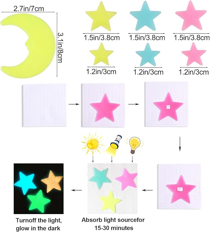 AM AMAONM Glow in The Dark Luminous Stars Fluorescent Noctilucent Plastic Wall Stickers Murals Decals for Home Art Decor Ceiling Wall Decorate Kids Babys Bedroom Room 100PCS Yellow Moon and Stars