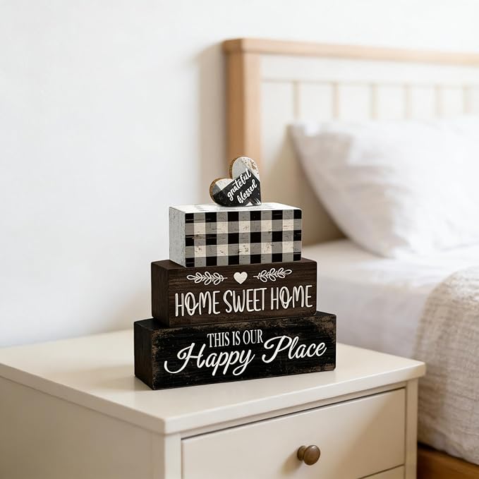 4 Pcs Farmhouse Kitchen Table Decoration Black and White Wooden Tiered Tray Decor Home Sweet Home Table Centerpiece Rustic Decorative Block Sign for Kitchen Dining Room Tabletop Desk Shelf