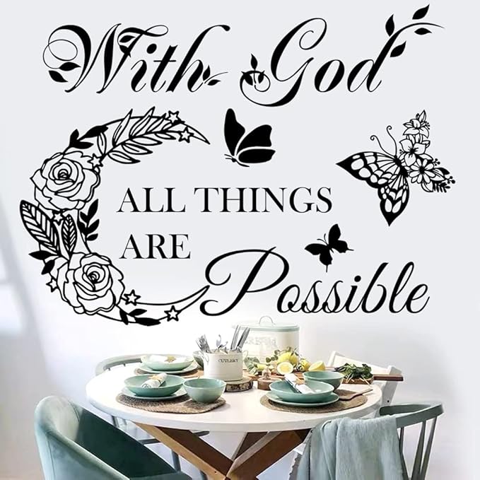 Inspirational God Things are Possible Vinyl Wall Sticker Peel and Stick Quote Bible Sticker Christian Wall Decor Quote Wall Art Stickers for Home Walls Living Room Bedroom Decoration