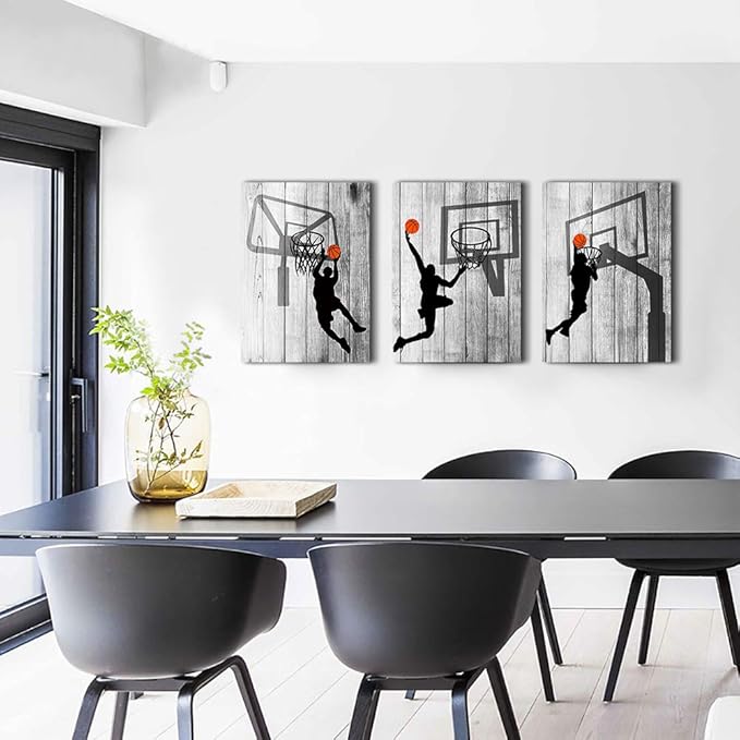 Black and white Canvas Wall Art for living room bathroom and bedroom kitchen wall decor artwork Canvas Prints play basketball sport painting 16" x 24"3 Piece Modern framed office Home decorations