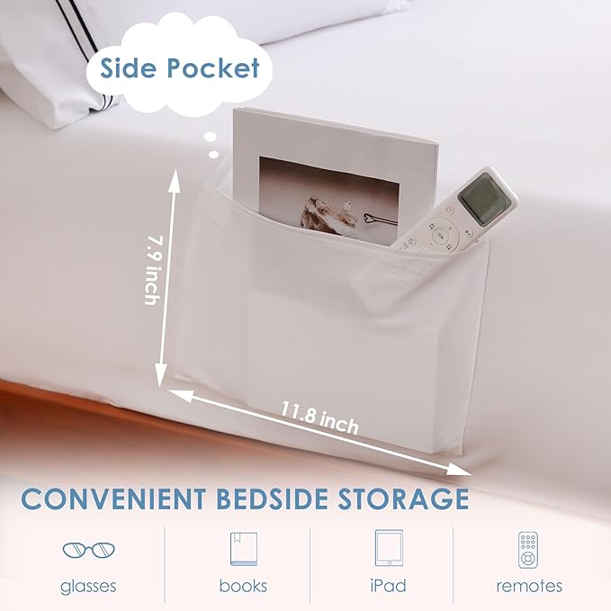 JSD White Full Sheet Set with Side Pocket Corner Straps, 4 Piece Soft Microfiber Bed Sheets Extra Deep Pocket