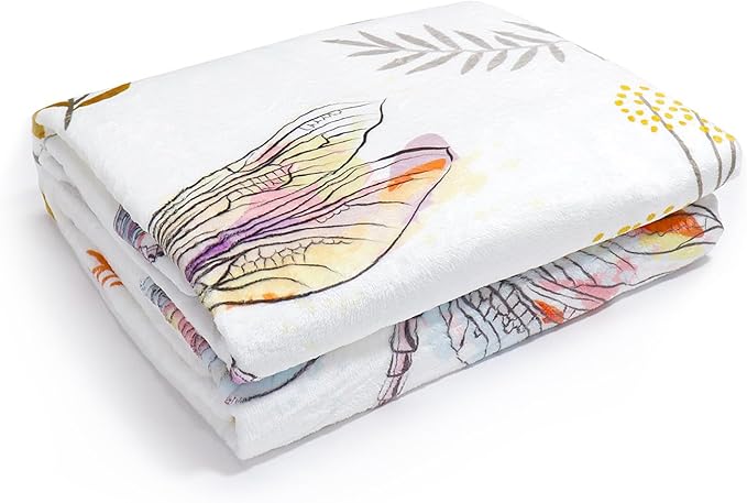 Dragonfly Throw Blanket Floral Flower Throw Blanket Botanical Plant Flannel Fleece Throw Blankets Butterfly Cozy Fuzzy Plush Throw Blankets for Bed Chair Couch 50" X 60"