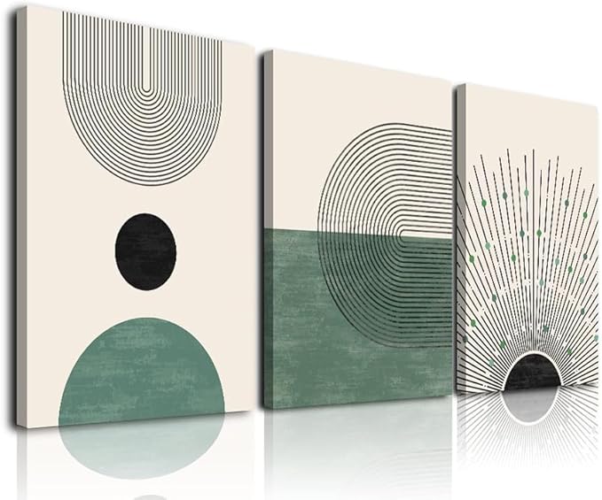 Sage Green Boho Wall Art, KBKBART Abstract Framed Canvas Wall Art for Living Room, Minimalist Beige Green Sun Geometry Black Line Artwork Paintings, Modern Sage Green Boho Room Decor, Green Wall Decor