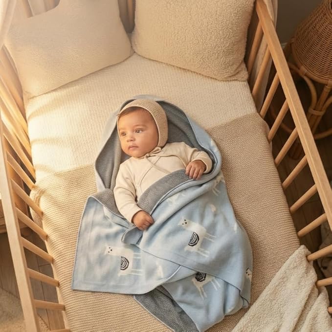 Baby Receiving Swaddle Stroller Blanket - 100% Fine Loomed Cotton Cozy Cuddle Crib Stroller Unisex Quilt Knit Blanket for Newborns Infants Toddler Boys and Girls (Llama - Baby Blue)