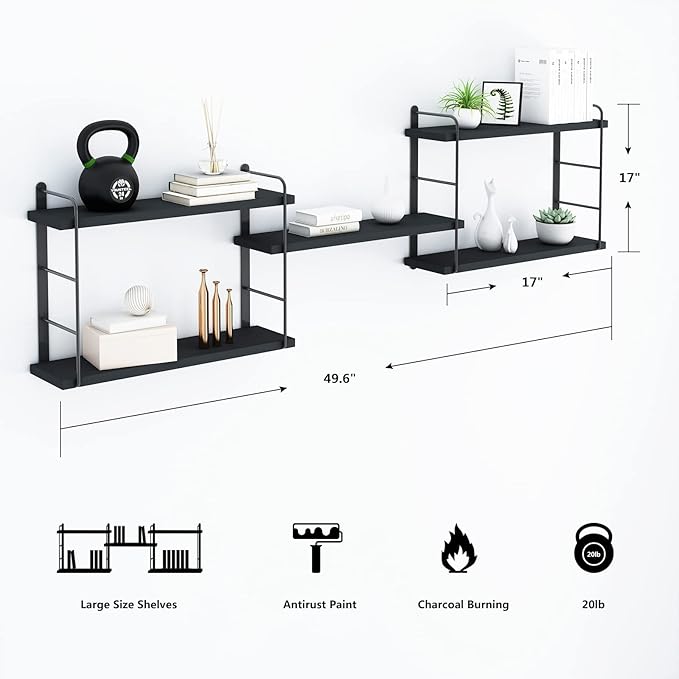 Wall Shelves, Wall Mounted Bookshelves, DIY Floating Shelves for Wall, Wood Hanging Book Shelves for Room, Bedroom, Living Room, Easy Installation (Black, 50W x 17H)