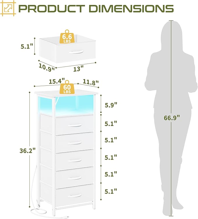 Yoobure 5 Drawers Dresser for Bedroom, Tall Nightstand with Charging Station, Fabric Dresser for Closet with Storage Shelf, Vertical Dressers Chest LED Night Stand, Bedside Table for Dorm Living Room