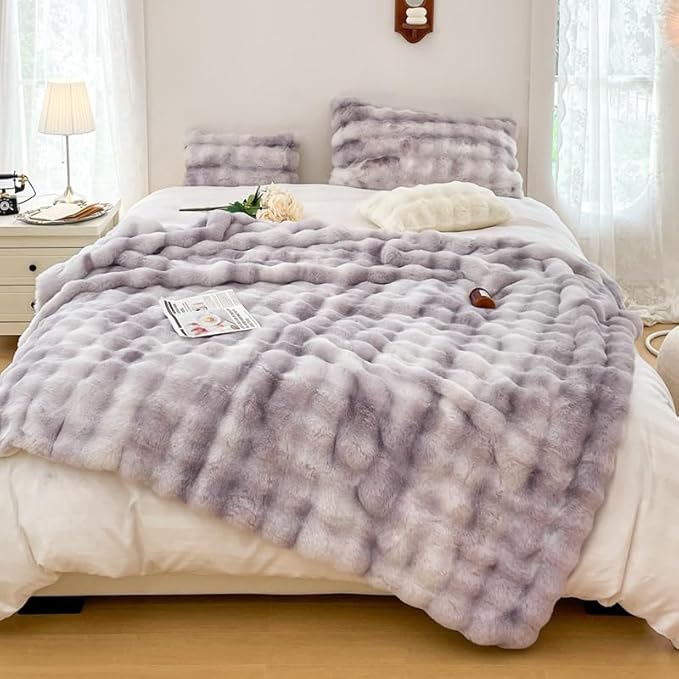 H&D Faux Fur Throw Blanket for Couch,Fluffy Cozy Soft Plush Luxury Thick Fuzzy Fleece Blanket for Couch Bed Sofa Bedroom Living Room,Comfy Bubble Blanket(Purple, Full (70"x80"))