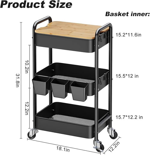 3 Tier Rolling Cart with Wood Table Top, Rolling Cart Table on Lockable Wheels,Rolling Side Table with Storage, Black Utility Carts for Arts and Crafts, Dorm, Medica, Laundry Room, Roller Book Shelf