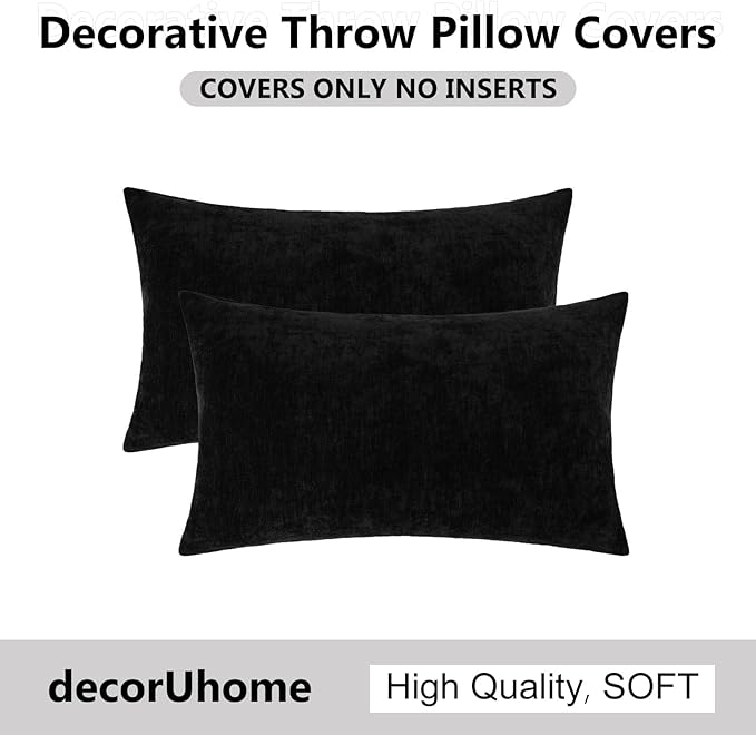 decorUhome Chenille Black Throw Pillow Covers 12x20 Inch Set of 2, Decorative Soft Couch Pillow Covers Solid Dyed Accent Farmhouse Neutral Rectangle Pillow Cases for Sofa