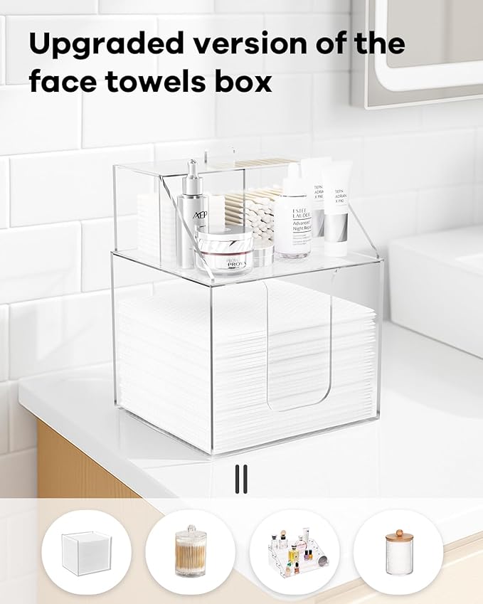 Disposable Facial Towels Storage Box Compatible with Clean Skin Club Clean Towel XL-Cotton Pads-Swabs Upgraded Double Layer Face Towel Holder Acrylic Storage Container Valentine's Day Gifts